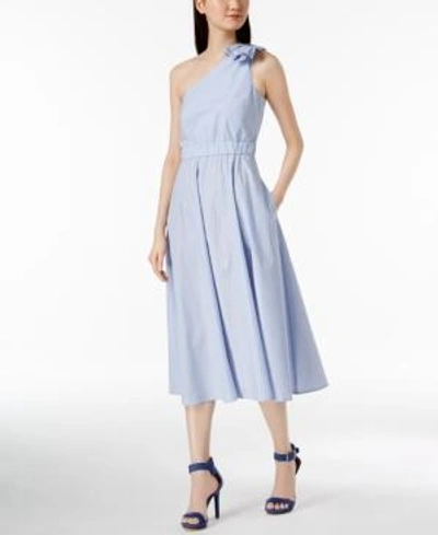 Shop Calvin Klein Cotton Striped One-shoulder Midi Dress In Chambray