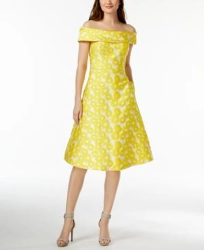 Shop Calvin Klein Off-the-shoulder Sunflower Brocade Dress In Canary Multi