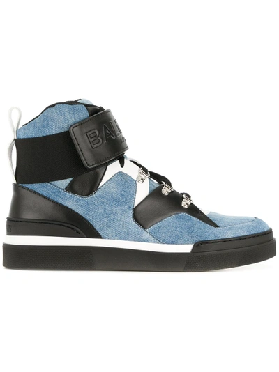 Shop Balmain Embossed Denim Sneakers - Blue