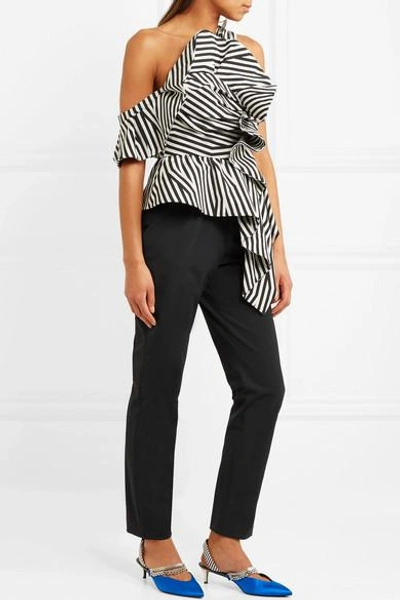 Shop Self-portrait Ruffled Striped Poplin Jumpsuit In Black