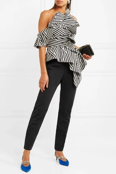 Shop Self-portrait Ruffled Striped Poplin Jumpsuit In Black