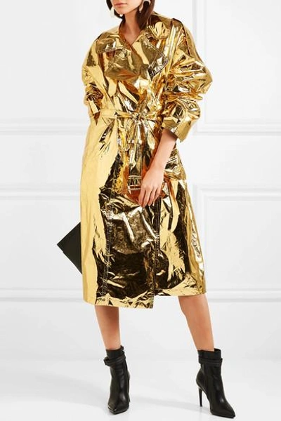 Shop Pushbutton Metallic Crinkled-vinyl Trench Coat In Gold