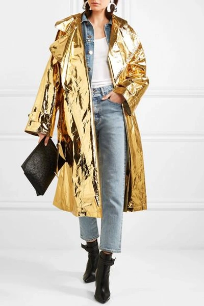 Shop Pushbutton Metallic Crinkled-vinyl Trench Coat In Gold