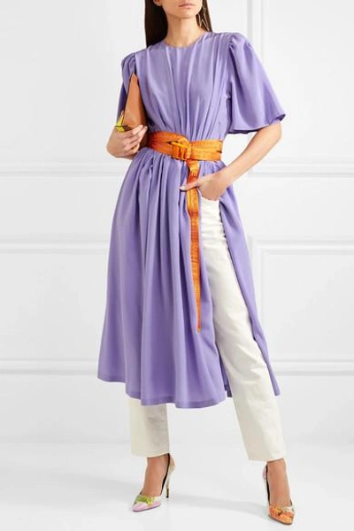 Shop Pushbutton Gathered Silk Midi Dress In Lavender