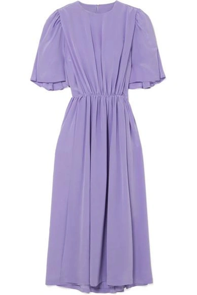 Shop Pushbutton Gathered Silk Midi Dress In Lavender