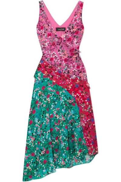 Shop Saloni Aggie Ruffled Floral-print Silk Midi Dress In Turquoise