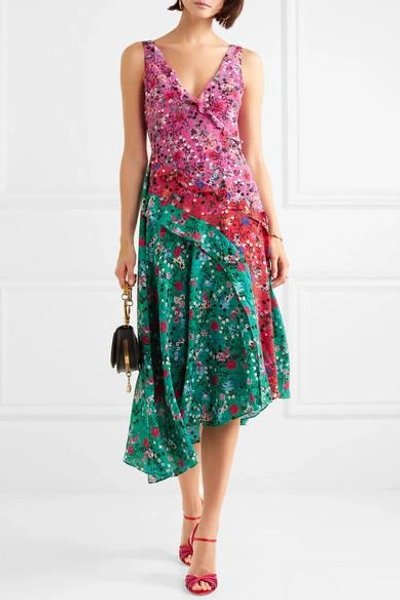 Shop Saloni Aggie Ruffled Floral-print Silk Midi Dress In Turquoise