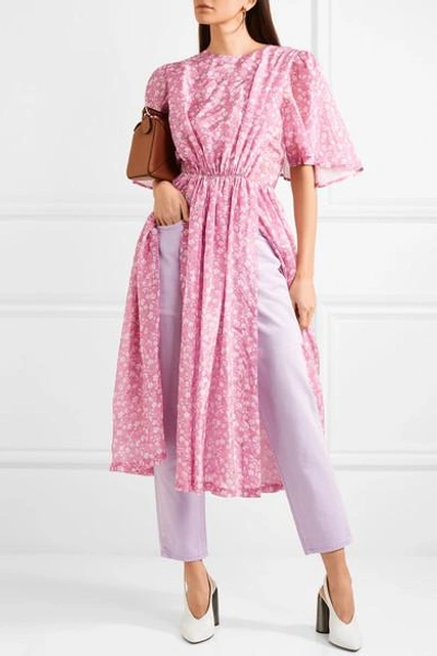 Shop Pushbutton Gathered Floral-print Georgette Midi Dress In Pink