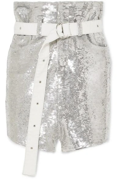 Shop Iro Natou Belted Sequined Twill Mini Skirt In Silver