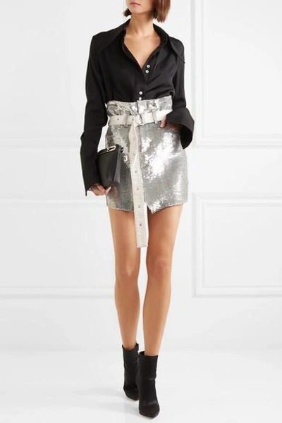 Shop Iro Natou Belted Sequined Twill Mini Skirt In Silver