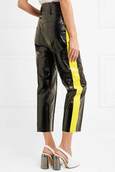 Shop Petar Petrov Striped Crinkled Patent-leather Straight-leg Pants In Black