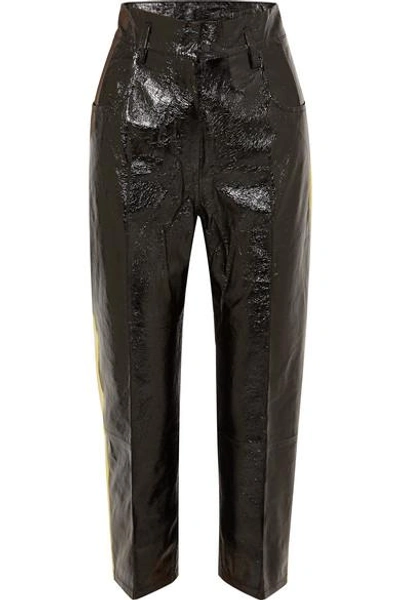 Shop Petar Petrov Striped Crinkled Patent-leather Straight-leg Pants In Black