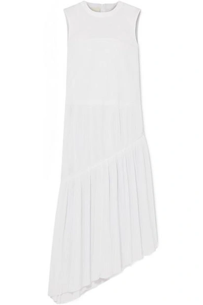 Shop Cedric Charlier Asymmetric Pleated Cotton-poplin Midi Dress In White