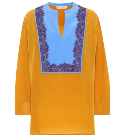 Shop Tory Burch Lace-trimmed Silk Tunic In Yellow