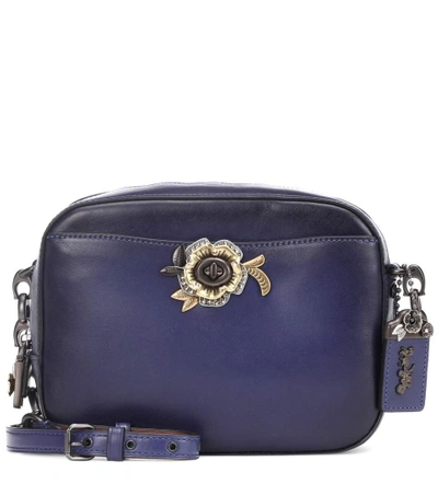 Shop Coach Tea Rose Leather Shoulder Bag In Blue