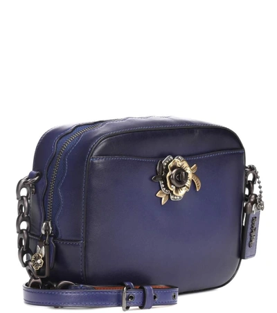 Shop Coach Tea Rose Leather Shoulder Bag In Blue