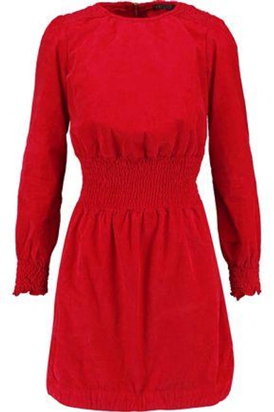 Shop Maje Woman Rabatour Shirred Cotton-blend Corduroy Mini Dress Red