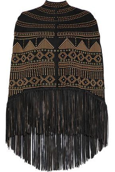 Shop Valentino Fringed Studded Suede Poncho In Black