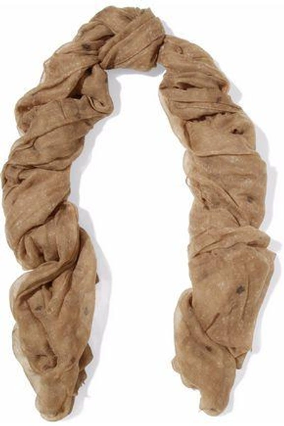 Shop Brunello Cucinelli Woman Frayed Printed Cashmere-gauze Scarf Light Brown