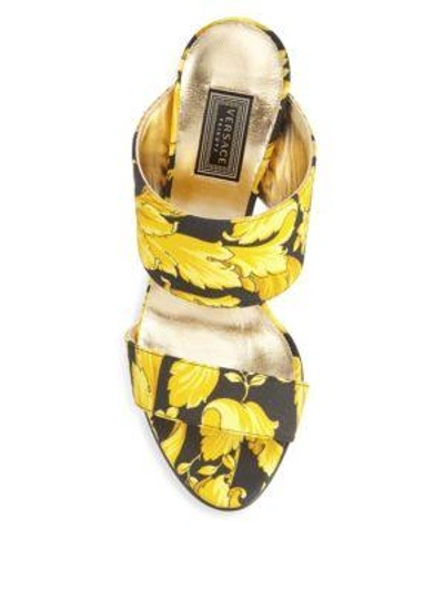 Shop Versace Printed Leather Mules In Black Gold