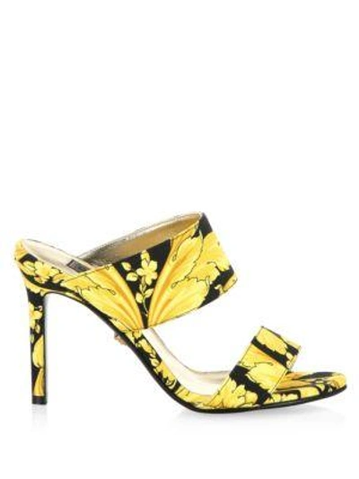 Shop Versace Printed Leather Mules In Black Gold