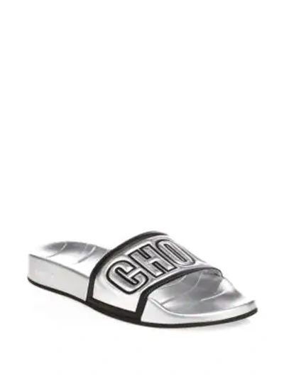 Shop Jimmy Choo Rey Metallic Leather Slides In Black