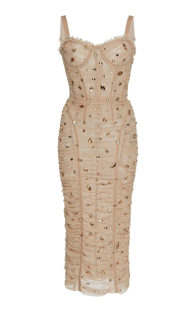 Shop Dolce & Gabbana Embellished Ruched Dress In Neutral