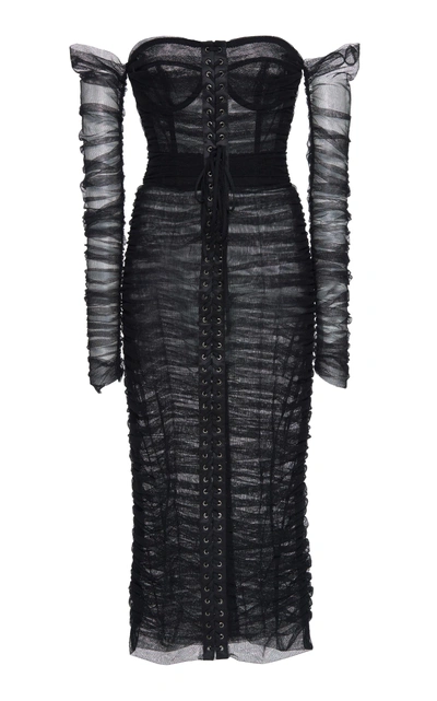 Shop Dolce & Gabbana Ruched Off The Shoulder Dress In Black