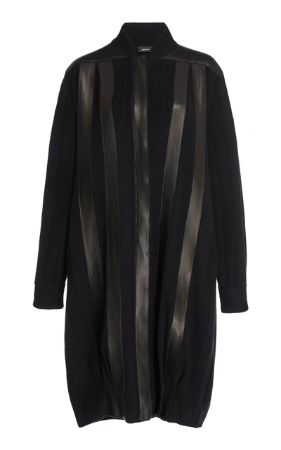 Shop Akris Long Knit And Leather Cardigan In Black