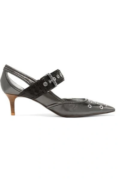 Shop Bottega Veneta Cutout Embellished Metallic Leather Pumps In Gunmetal