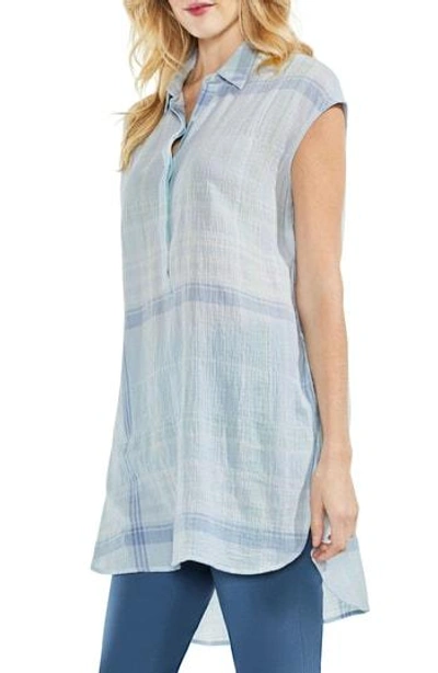 Shop Vince Camuto Plaid Manor Henley Crinkle Stretch Cotton Top In Chalk Blue