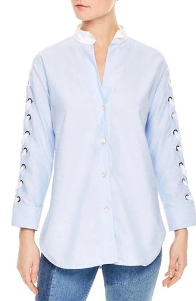 Shop Sandro Lace-up Sleeve Cotton Shirt In Sky Blue