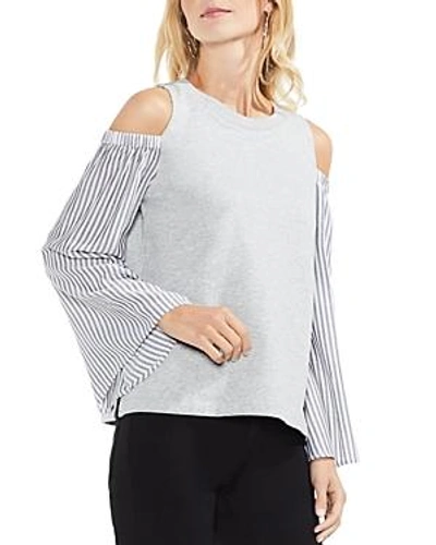 Shop Vince Camuto Stripe Bell Sleeve Mixed Media Top In Gray Heather