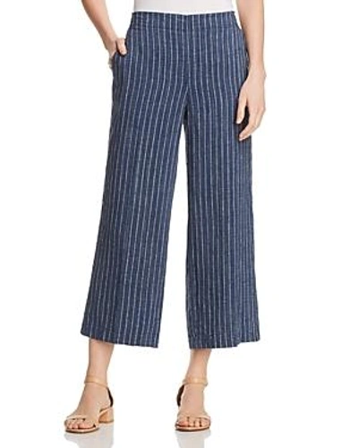 Shop Eileen Fisher Striped Linen Wide-leg Crop Pants In Denim