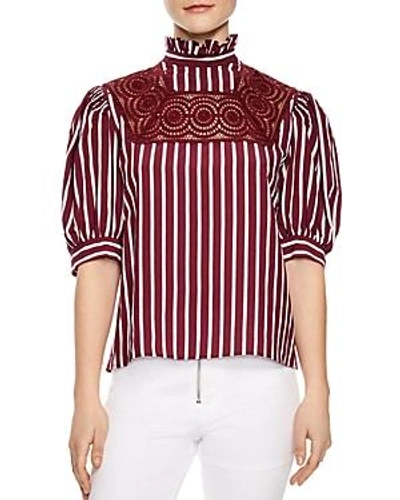Shop Sandro Rapahelle Striped Lace-inset Top In Burgundy