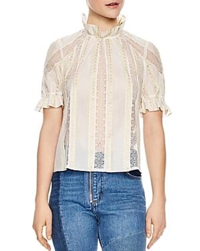 Shop Sandro Ramia Embroidered Lace-inset Top In Ecru