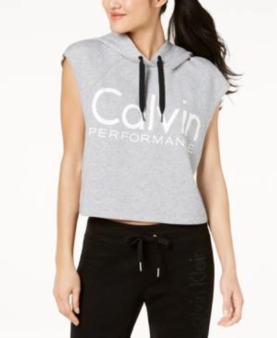 Shop Calvin Klein Performance Logo Cropped Hoodie In Pearl Grey Heather