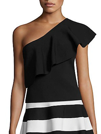 Shop Milly One-shoulder Flounce Top In Black