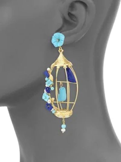 Shop Of Rare Origin Lovebirds Lapis, Turquoise, Horn & Freshwater Pearl Drop Earrings