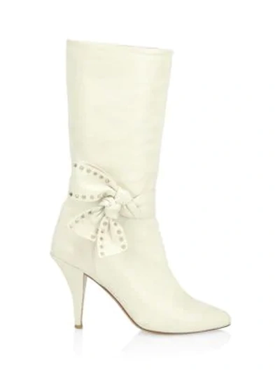 Shop Valentino Side Bow Leather Boots In Light Ivory