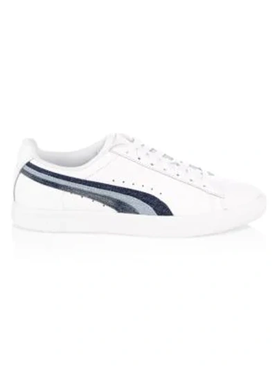 Shop Puma Clyde Denim Leather Sneakers In White
