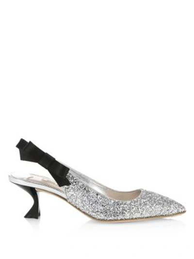 Shop Miu Miu Glitter Slingback Heels In Silver Black