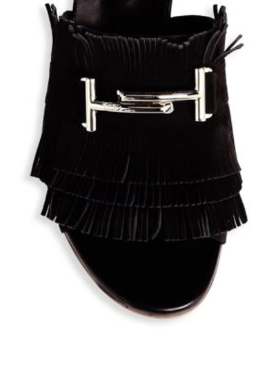 Shop Tod's Fringe T-bar Leather Slides In Black