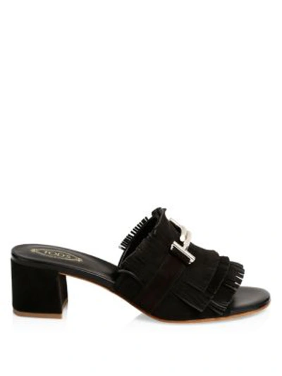 Shop Tod's Fringe T-bar Leather Slides In Black