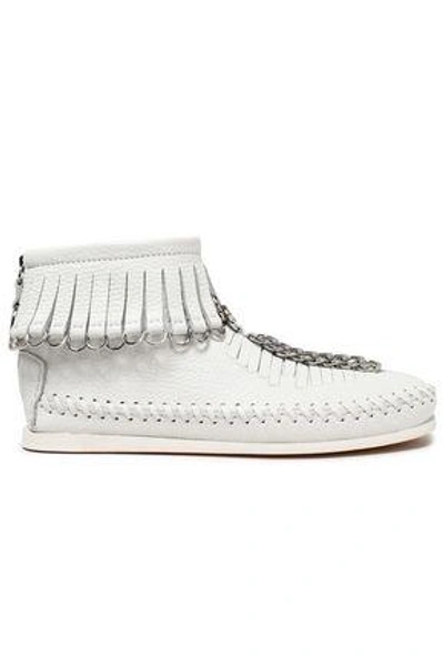 Shop Alexander Wang Fringed Embellished Textured-leather Ankle Boots In White