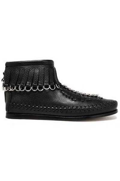 Shop Alexander Wang Montana Fringed Pebbled-leather Ankle Boots In Black