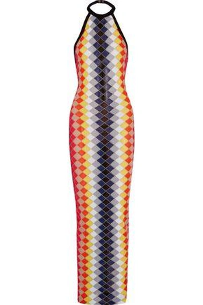 Shop Balmain Woman Metallic Intarsia-knit Halterneck Maxi Dress Midnight Blue