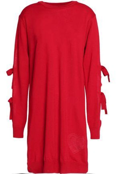 Shop Love Moschino Woman Bow-detailed Wool-blend Mini Dress Crimson