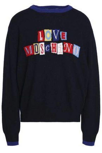 Shop Love Moschino Woman Intarsia-knit Sweater Midnight Blue