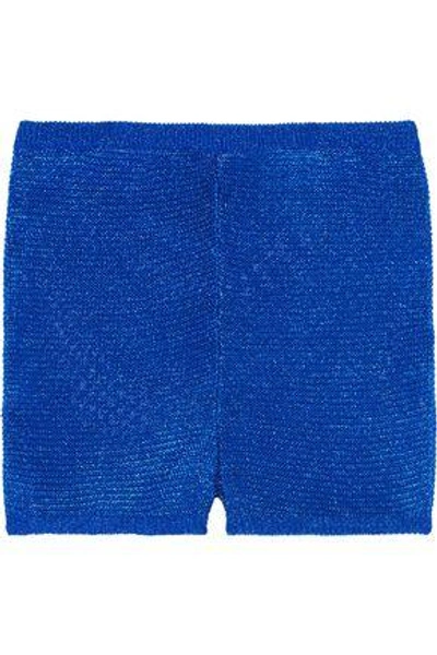 Shop Balmain Woman Metallic Crochet-knit Shorts Cobalt Blue